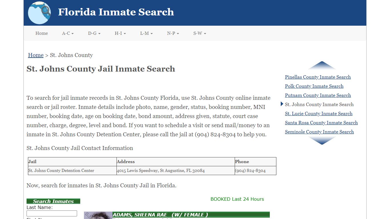 St. Johns County FL Jail Inmate Search